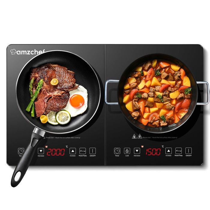 Plaque à Induction Amzchef, Plaque de Cuisson à Induction Double avec Contrôle Indépendant, 10 Niveaux de Température