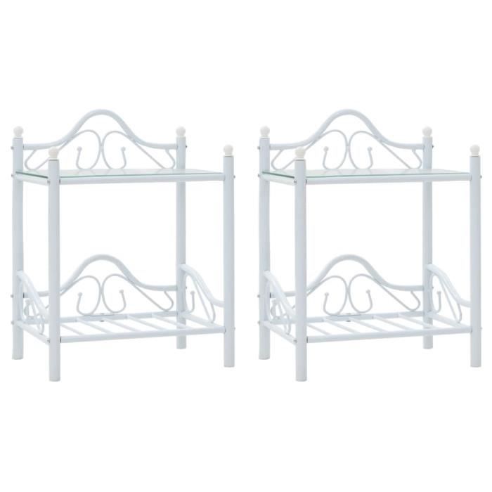 Table de chevet 2 pcs Acier et verre trempé 45x30,5x60 cm Blanc