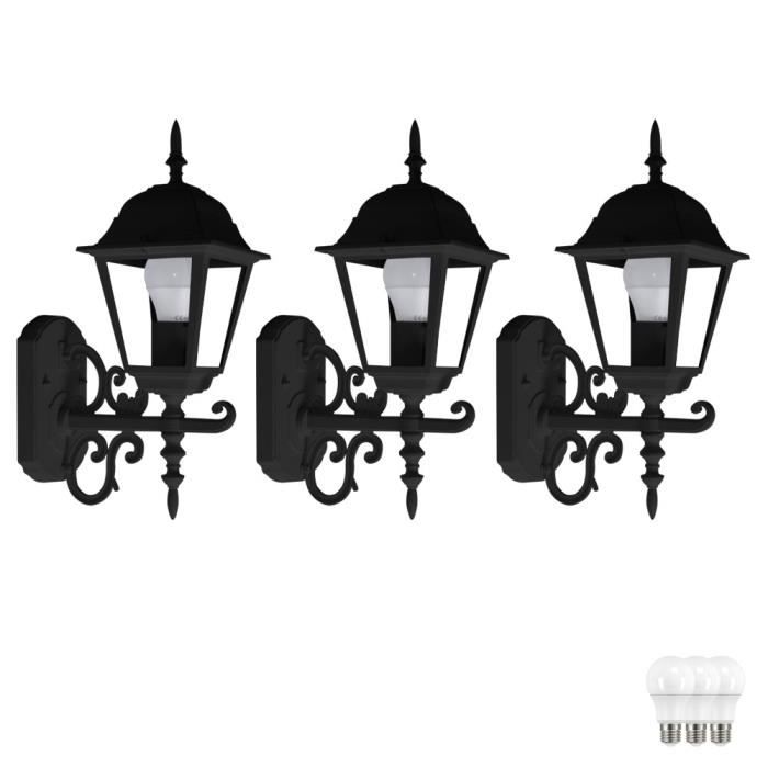 Ensemble de 3 façades lumière mur extérieur verre porche noir lanterne Set incl. Lampes LED