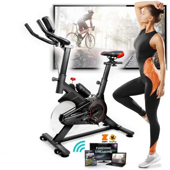 Vélo de spinning à domicile (Bike Fit), écran LCD multifonction, application Bluetooth + ZWIFT et KINOMAP, résistance réglable, capt