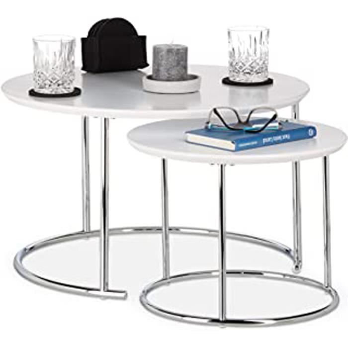 Table Gigogne Set De 2 Table De Salon Petite Ronde Mate, Table Basse Bois Métal Chromé 60X60 Cm, Blanc
