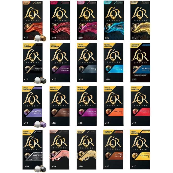 200 Capsules de Café Compatibles Nespresso ®* –Coffret de 20 Variétés – Intensité 5 à 12 – Lot de 20 x 10