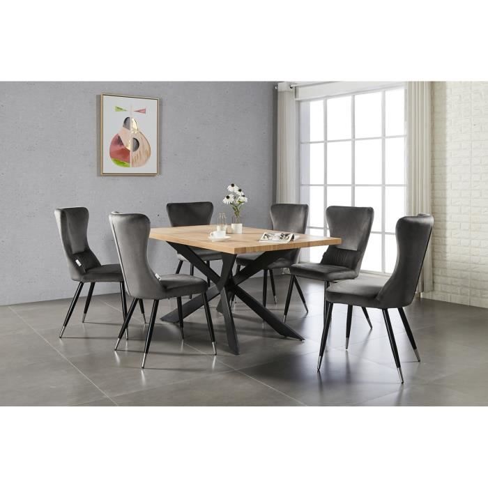 Ensemble Table à Manger Chêne 4 à 6 personnes + 6 Chaises en Velours Gris Foncé - Style Contemporain