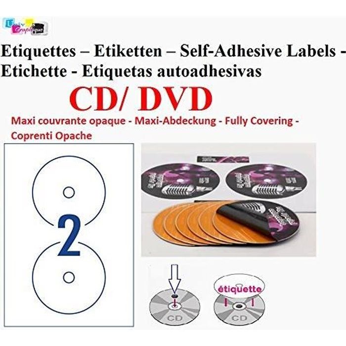 50 étiquettes autocollant POUR CD DVD MAXI COUVRANT Ø 117mm Impression Laser et jet d'encre