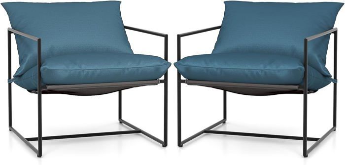 GOPLUS Lot de 2 Chaises de Jardin 71x71x61 cm Charge 150KG-Style Moderne avec Cadre en Métal et Coussins en Eponge Amovibles Bleu