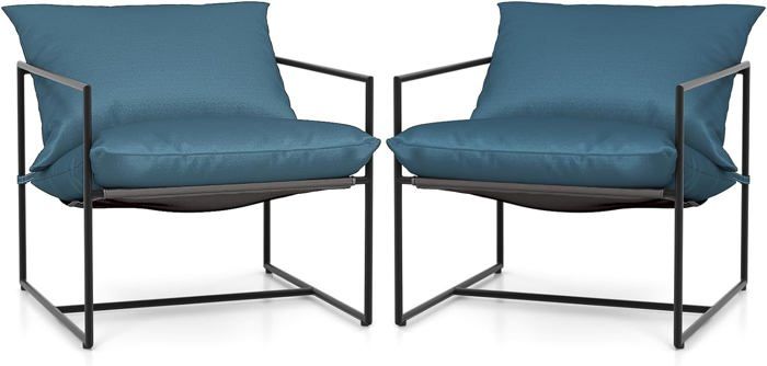 goplus lot de 2 chaises de jardin 71x71x61 cm charge 150kg-style moderne avec cadre en métal et coussins en eponge amovibles bleu