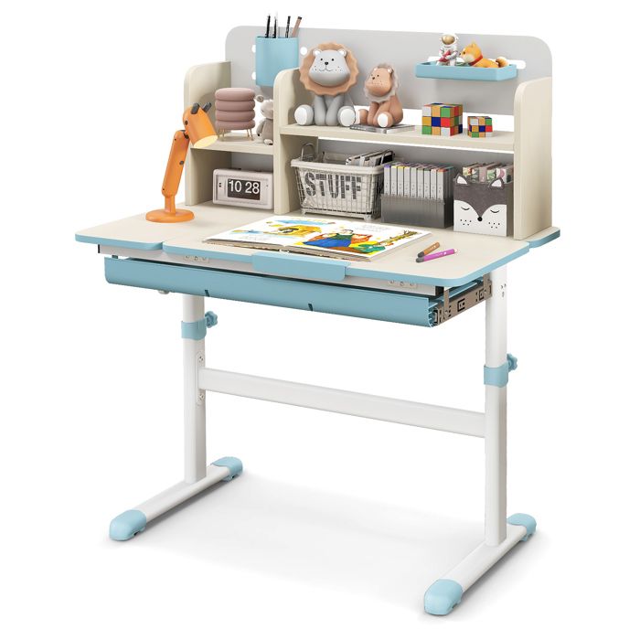 Bureau étude Rangement Tiroirs Bureau Enfant GOPLUS Avec Tableau Liège Et Recharge - Plateau 90x48 Cm, 5 étagères Réglables, 2 Tiroirs, Pour 8-12 Ans Bureau Blanc