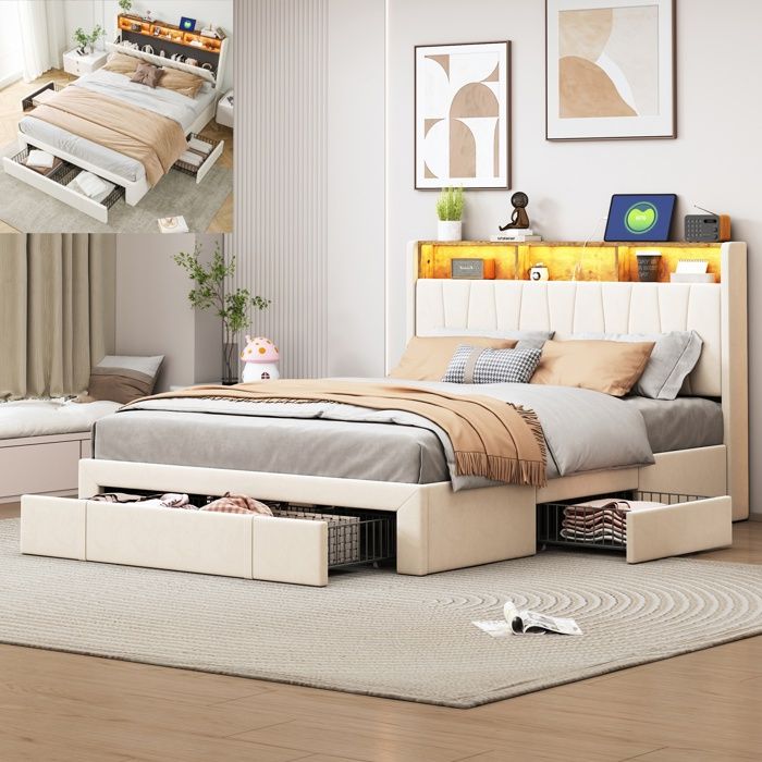 Lit Coffre 160x200 Avec LED Et USB - Sommier Intégré - Tête De Lit Capitonnée - Sans Matelas