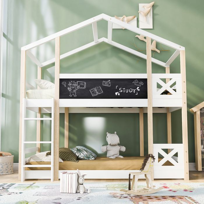Lit enfant 90 x 200 cm Lit superposé Lit 2 personnes avec échelle 2x sommier à lattes Blanc & Nature