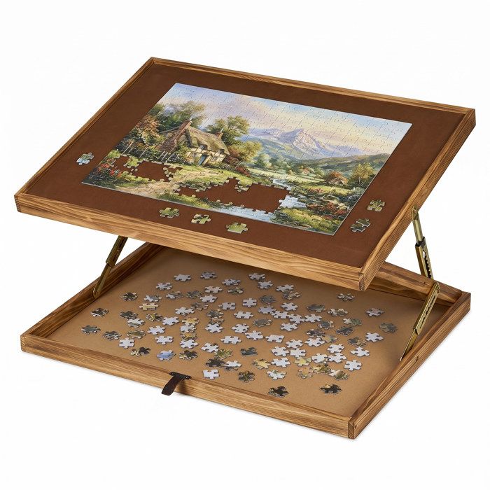 Relaxdays Table de puzzle réversible pour 1000 & 1500 pièces hauteur réglable bois inclinable support marron