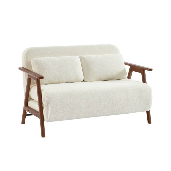 Banquette canapé convertible 2 places bois dhévéa teinté noyer clair et bouclette texturée blanche L 133 x P 81 x 84cm - Sven
