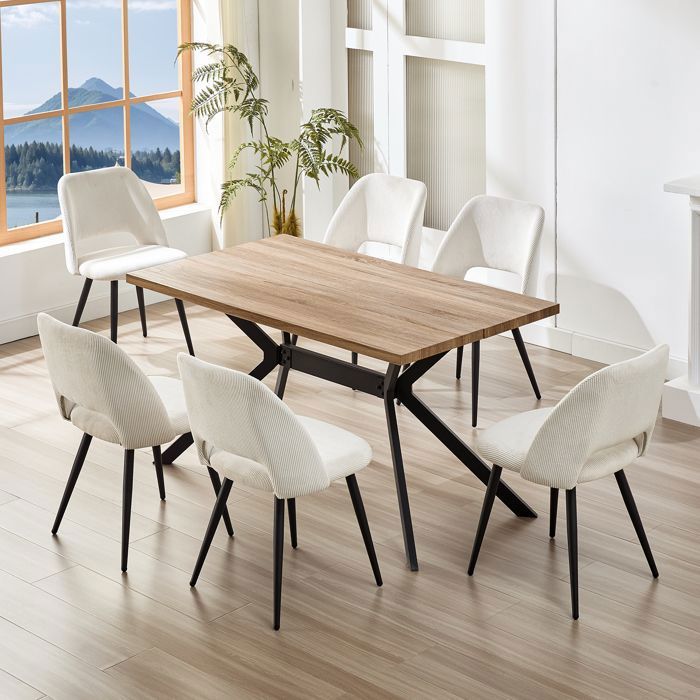 Ensemble table à manger - WAFTING - WAFTING - 6 places - Grain de hêtre foncé - Chaises velours beige