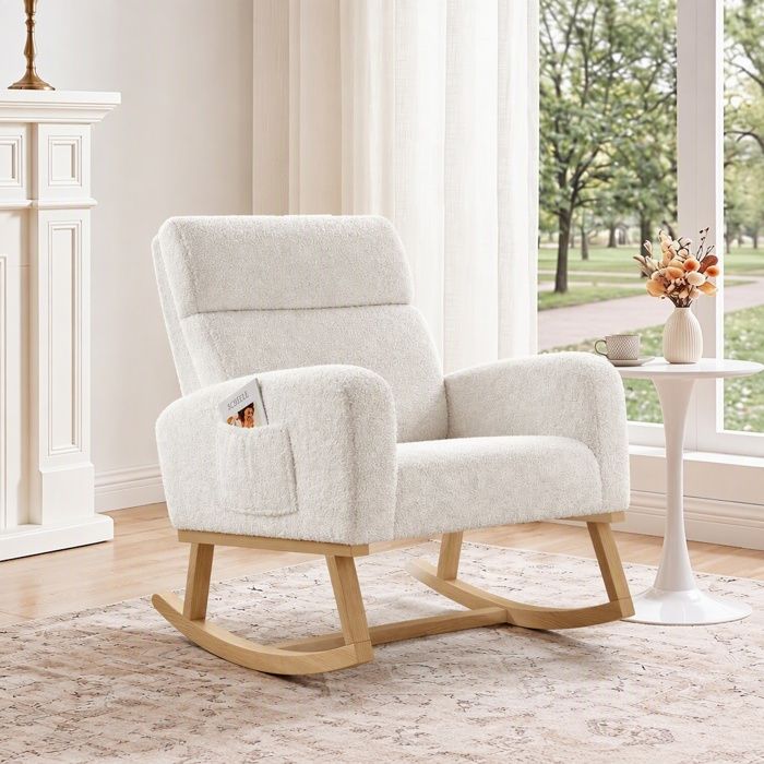 Fauteuil à bascule blanc - Chaise à bascule en tissu teddy - Rocking Chair - Assise moelleuse - Pour Chambre d Enfant Salon Balcon