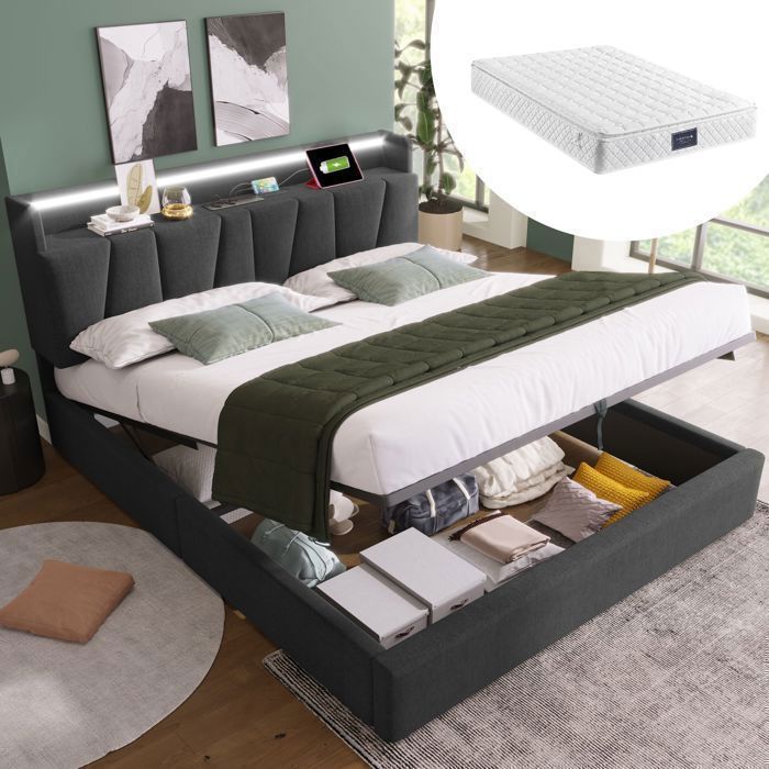 Lit coffre - SOGEU - Rembourré 160x200 - Tête de lit rangement - LED RGBW (App) - USB & Type-C