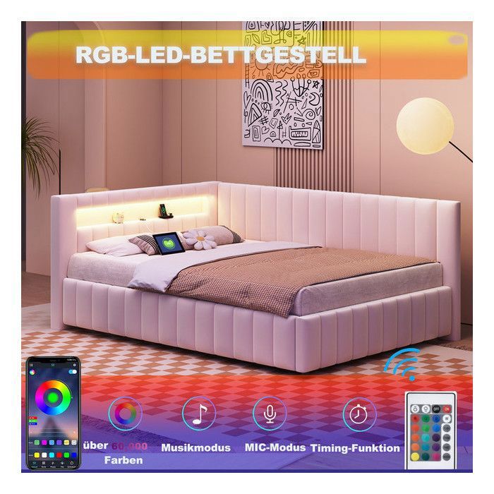 O.Ye Canapé-lit rembourré 140x200 cm avec USB et éclairage LED Lit adulte avec tête de lit Lit 2 personnes avec dossier Beige