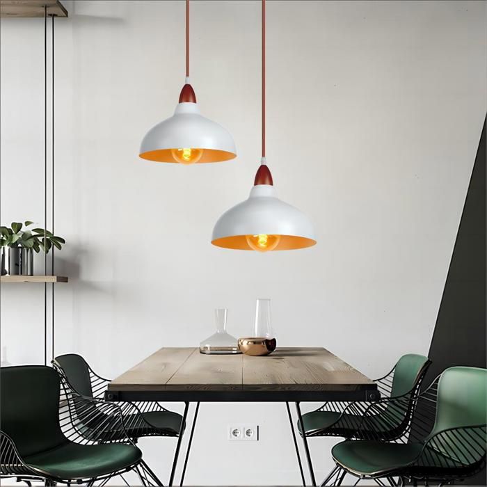 Suspension luminaire - Medieval Vintage Industrielle - Blanc - Métal & Bois - Lot de 2 E27