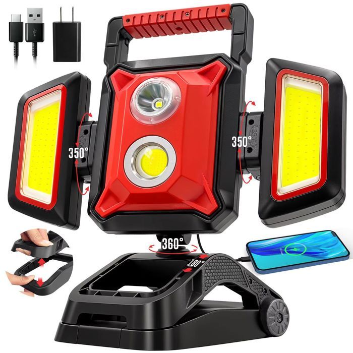 Projecteur LED Rechargeable 40W 4000LM Projecteur de Chantier avec Batterie 5 Modes Lampe Chantier Sans Fil et Powerbank Fonction