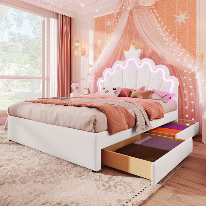 Lit princesse rembourré 140x200 blanc PU avec 2 tiroirs LED multicolore et tête réglable — sans matelas