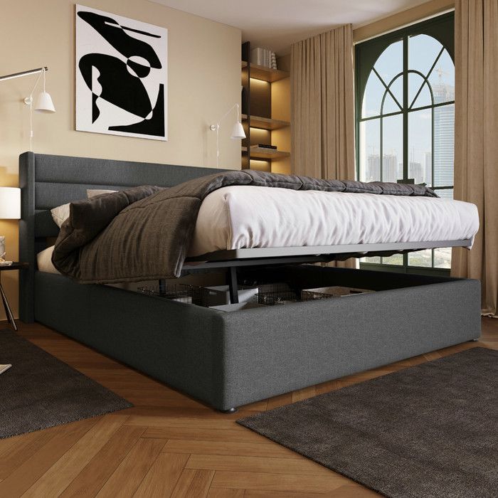 Lit double rembourré - VVBV - TKOPY 160x200 - Sommier à lattes - Coffre de rangement relevable - Tête rembourrée