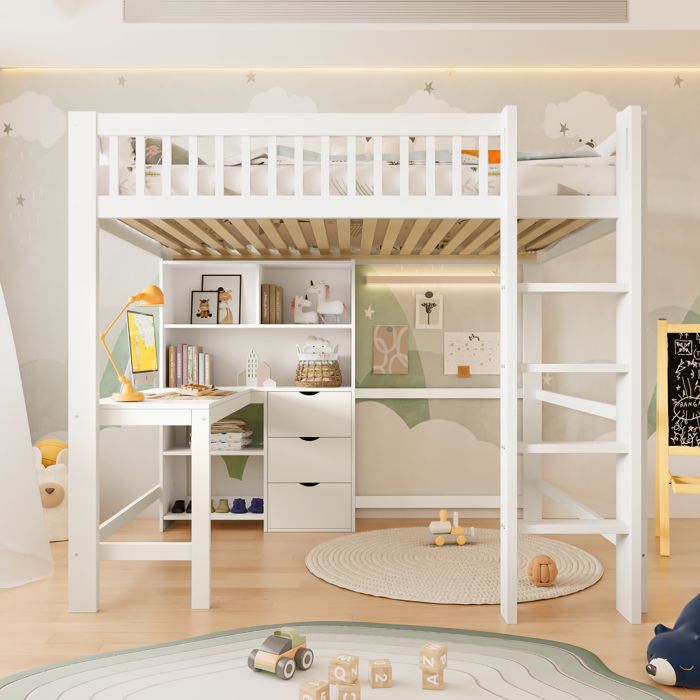 Lit mezzanine enfant 140 x 200 cm blanc avec bureau 3 tiroirs et étagères - Pin massif