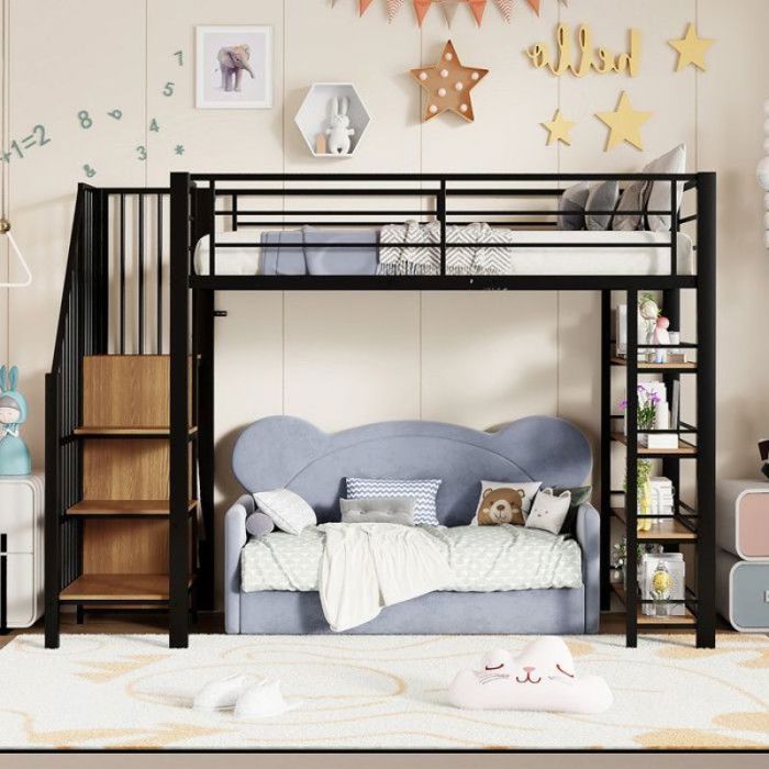 Lit mezzanine 90 x 200 cm avec petite armoire Lit enfant avec étagères et barrière haute Lit 1 Personne Lit en fer Noir
