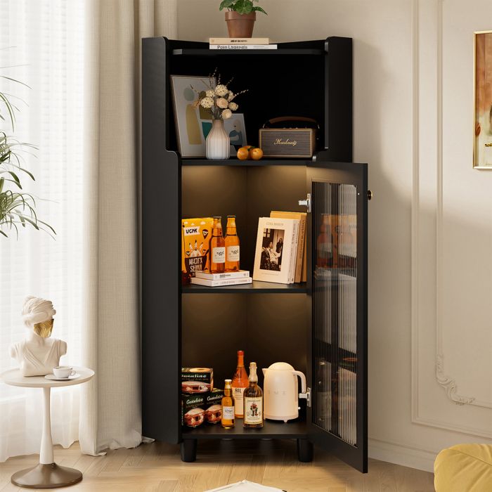 Colonne de salle de bain Armoire haute Meuble de salle de bain avec 1 porte et 1 étagères ouverts LED 63.5x45x124 cm Noir