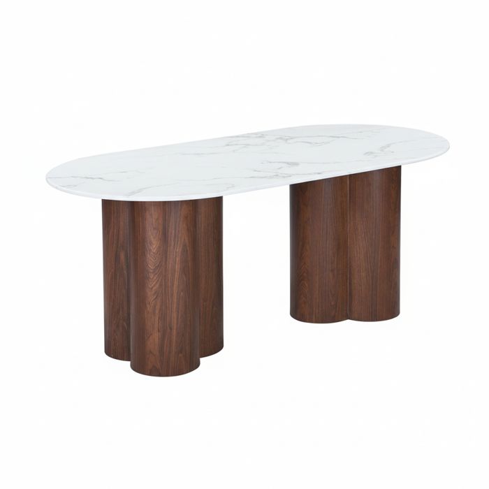 JASMINA XL - Table à manger ovale en marbre composite pieds couleur bois foncé 180 cm