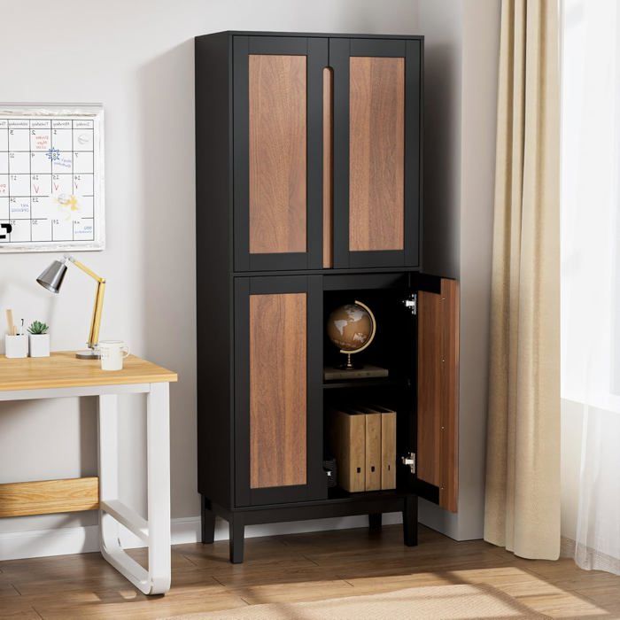 GOOBUY Buffet Cuisine Haute 150 cm Armoire Salle à Manger Vaisselier Haute à 4 Portes 60 x 30 x 150cm Noir et Marron