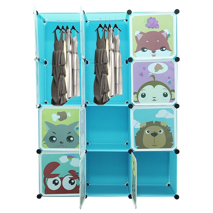 LVHCMFOHM Armoire de Chambre pour Enfants - Armoire de Rangement DIY avec 12 Cubes - Motif de Animal - 111x37x147 cm - Bleu