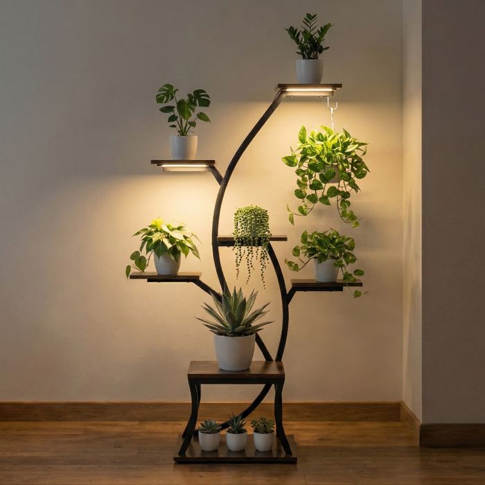 Todeco Support pour plantes avec lumière de croissance 7 niveaux 115cm En métal et bois Étagère à plantes en forme darbre Todeco Support pour plantes avec lumière de croissance 7 niveaux 115cm En métal et bois Étagère à plantes en forme darbre