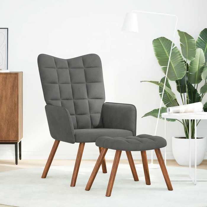 Les Soldes Fauteuil de Salon Scandinave (1 PLACE) - CLOUD - Chaise de Détente - avec tabouret en velours gris foncé J6294