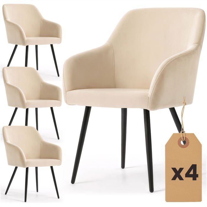 Lot de 4 Chaises en velours lisses ESTELLE Beige pieds noirs Lot de 4 Chaises en velours lisses ESTELLE Beige pieds noirs
