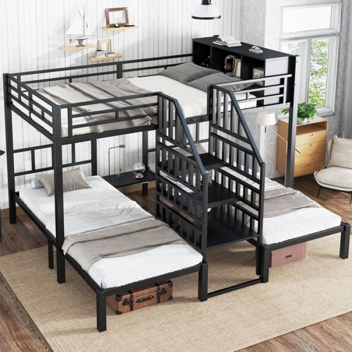 Lit superposé triple métal 90×200&140×200cméchelle sécurisée stable et rangement intégré spacieuxparfait pour noi LITS SUPERPOSES