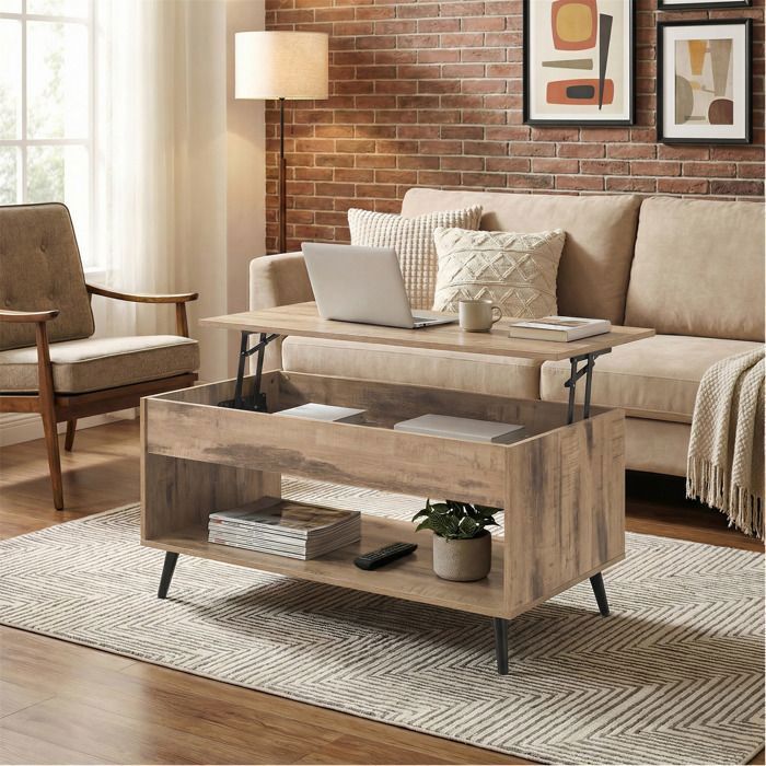 Table Basse avec Plateau Relevable Vérin à Gaz Rangement pour Salon Bureau Salle à Manger Marron Camel et Noir dEncre