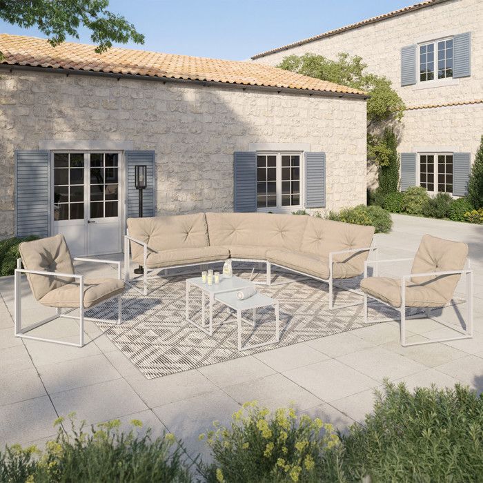 IDMARKET Salon de jardin bas NAIROBI 8 places salon dangle en acier blanc et coussins beiges IDMARKET Salon de jardin bas NAIROBI 8 places salon dangle en acier blanc et coussins beiges