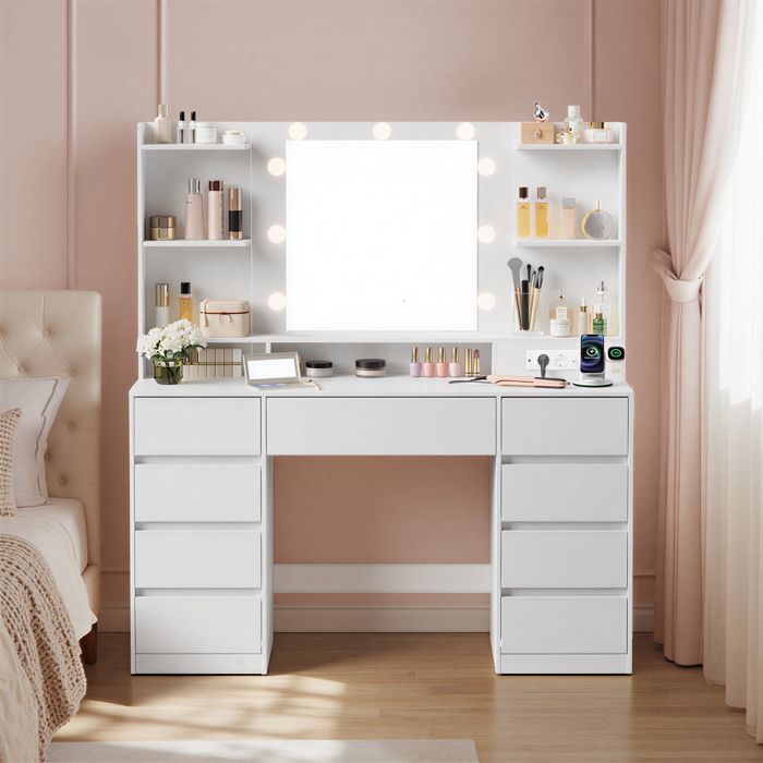 Coiffeuse avec Miroir LED Multiprise 9 Tiroirs 9 Ampoules Éclairage 3 Couleurs Blanc
