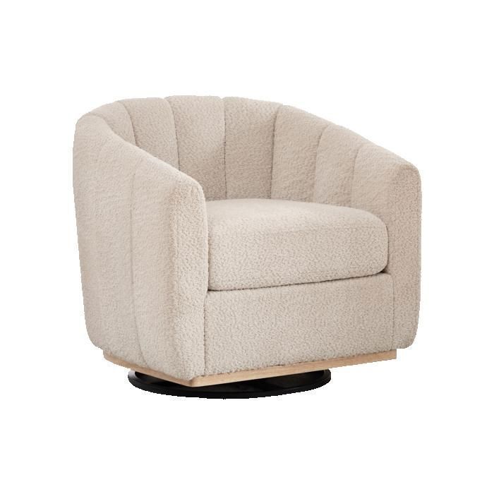 Fauteuil baril beige en tissu chenille - Rotation 360° pieds métalliques décoration de franges idéal pour salon et chambre
