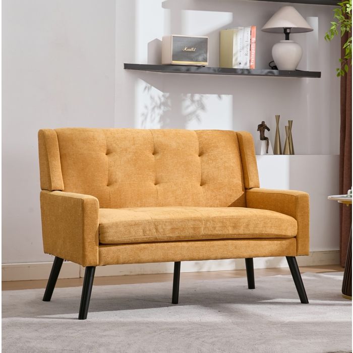 Canapé droit 2 places capitonné. assise mousse haute densité. pieds bois antidérapants. 119×75×88 cm. lin jaune