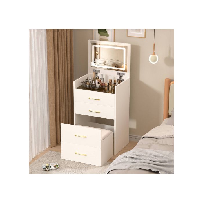 Coiffeuse avac miroir rabattable - 60 x 40 x 118 cm - Avac tabouret - 3 tiroirs - Blanc