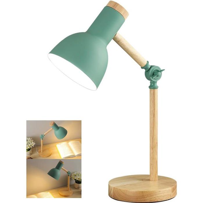 Lampe de Bureau Vintage en Bois et Métal Abat-jour Vert Bras Réglable Style Rétro Douille E27 - vert [Classe énergétique D]