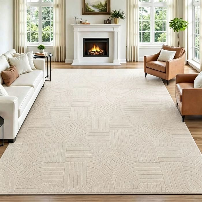 Tapis de Salon 160x230cm Crème Effet 3D Tapis de Salon Antidérapant Lavable Tapis Idéal pour Salon et Chambre Bureau Poils Courts