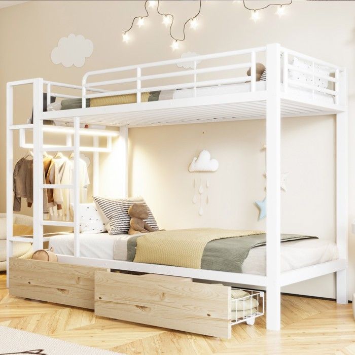 Lit superposé 90x200 cm blanc structure métallique 2 tiroirs étagères éclairage LED et penderie intégrés Sans Matelas Lit superposé 90x200 cm blanc structure métallique 2 tiroirs étagères éclairage LED et penderie intégrés Sans Matelas