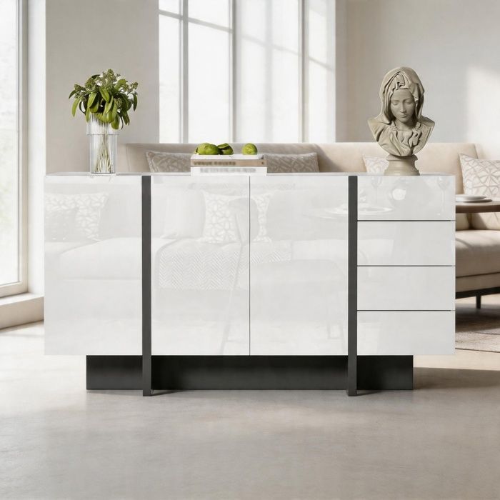 Buffet bas - 150 cm - Blanc laqué brillant - 2 portes 4 tiroirs - Design contemporain