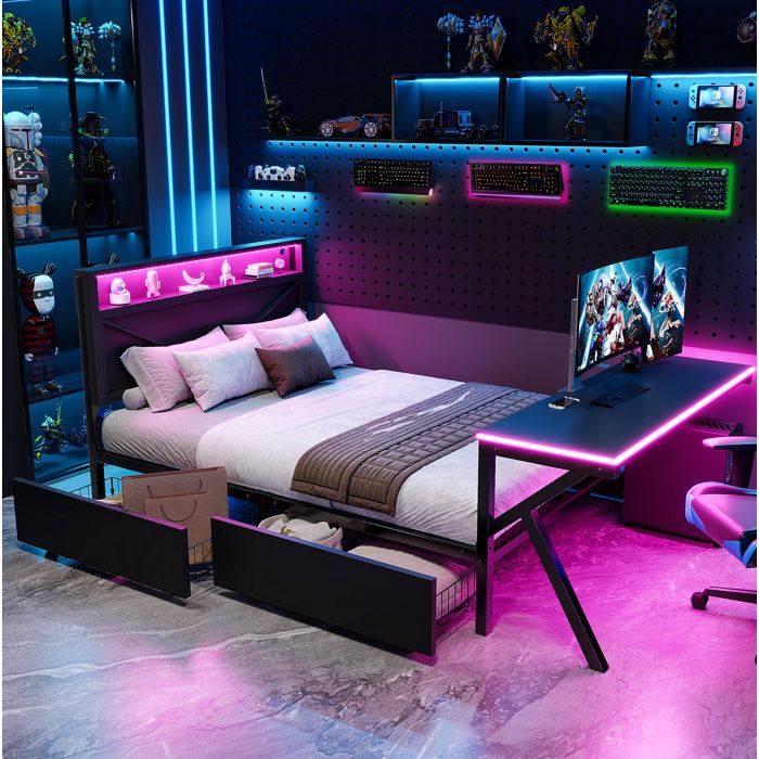 Lit enfant gaming 140 × 200 cm noir en métal et MDF avec bureau LED et 2 tiroirs