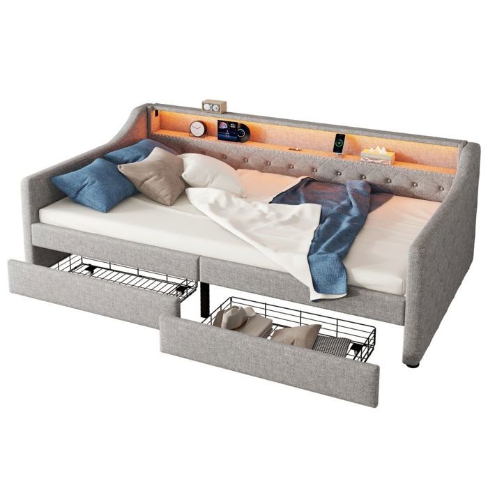 Banquette-lit-Lin Gris 90x200cm-Canapé-lit-Sommier Lattes-Éclairage Télécommandé-2 Tiroirs-USB-Sans Matelas Banquette-lit-Lin Gris 90x200cm-Canapé-lit-Sommier Lattes-Éclairage Télécommandé-2 Tiroirs-USB-Sans Matelas