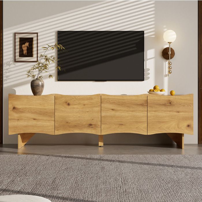 Meuble TV à 4 portes motif ondulé passe-câbles panneau de particules naturel 155x36x47 cm