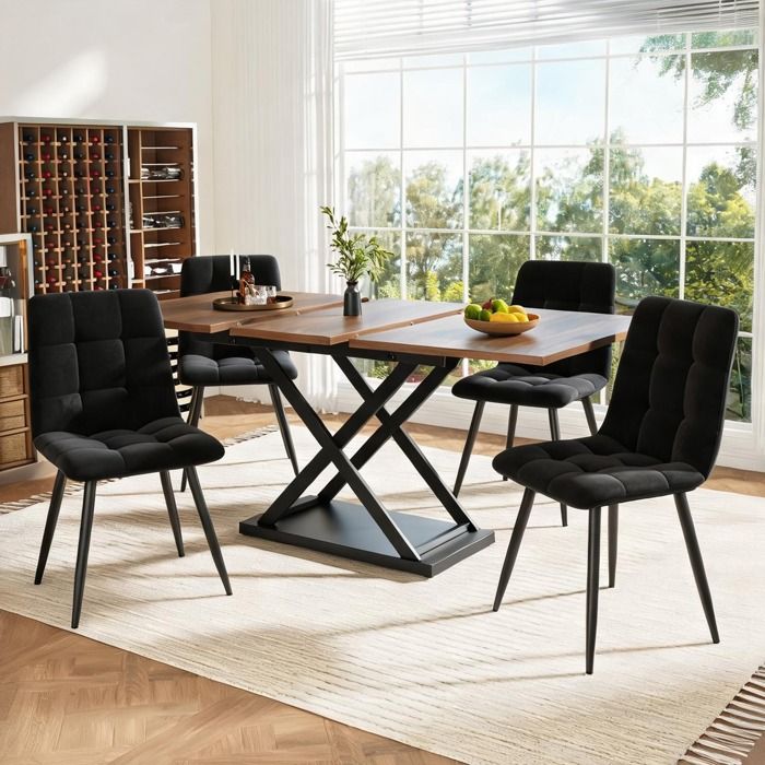 Ensemble table à rallonge et 4 chaises velours noir et noyer design contemporain 4 personnes