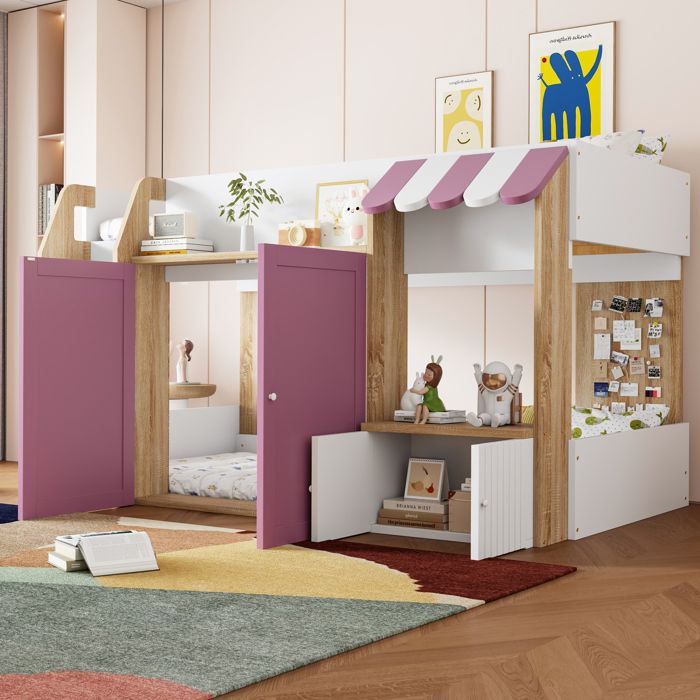 Lit mezzanine enfant 90×200 cm avec échelle rangements et étagères - YEAVIO - sans matelas bois - rose et blanc
