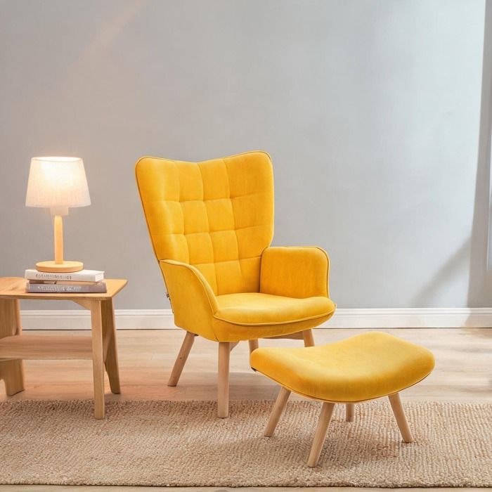 Ensemble fauteuil relax avec ottomane 1 place polyester orange pieds bois de hêtre style classique