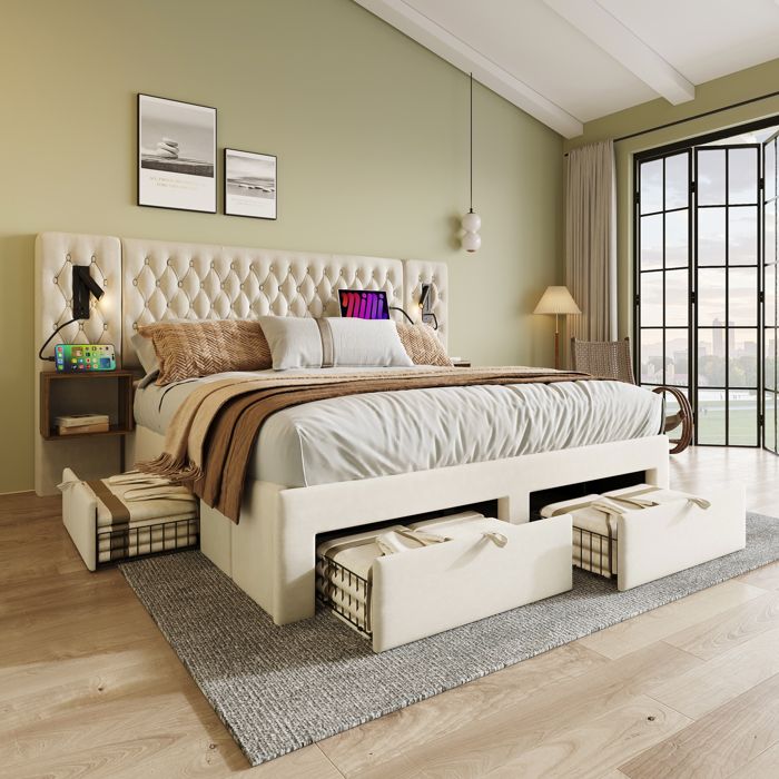 Lit 180x200 avec Sommier LED et USB et 2 Tables de Chevet Lit Double avec 4 Tiroirs et Tete Lit Capitonné Cadre de Velours Beige